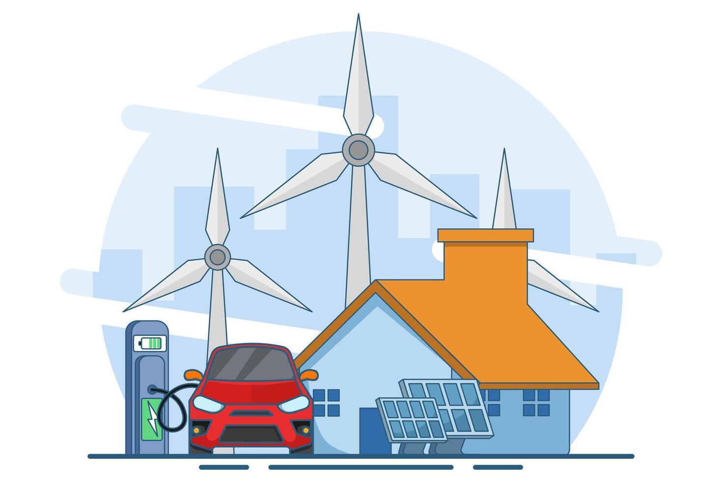 renewable technology or green energy concept, ecological transport, ecology, e-motion electric transport, electric cars, solar panels and wind turbines, alternative energy. flat illustration. vector