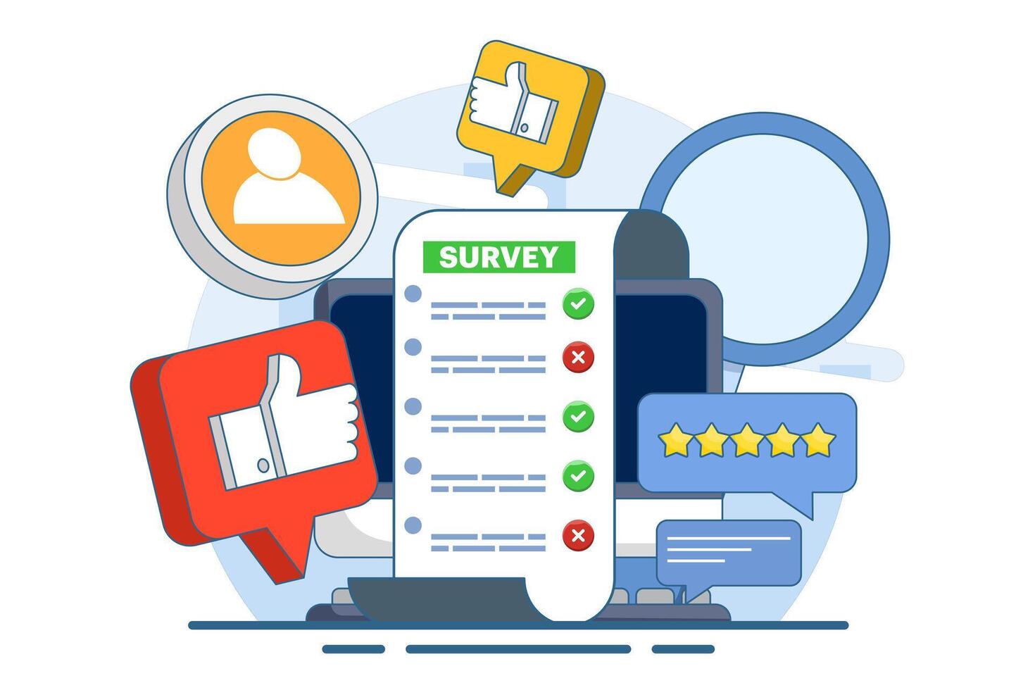 online survey concept, Customer Survey Form Filling Test, Customer experience and satisfaction. questionnaire or survey. filling or answering questions on a form. collecting information. vector