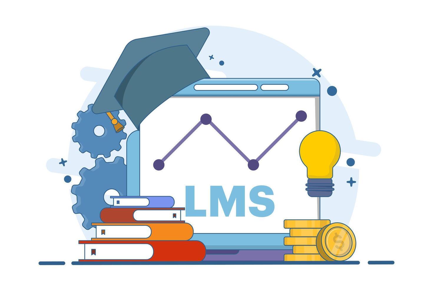 Concept of Learning Management System or LMS as online education. Educational technology, online learning delivery, training, knowledge software application, qualification framework. illustration. vector