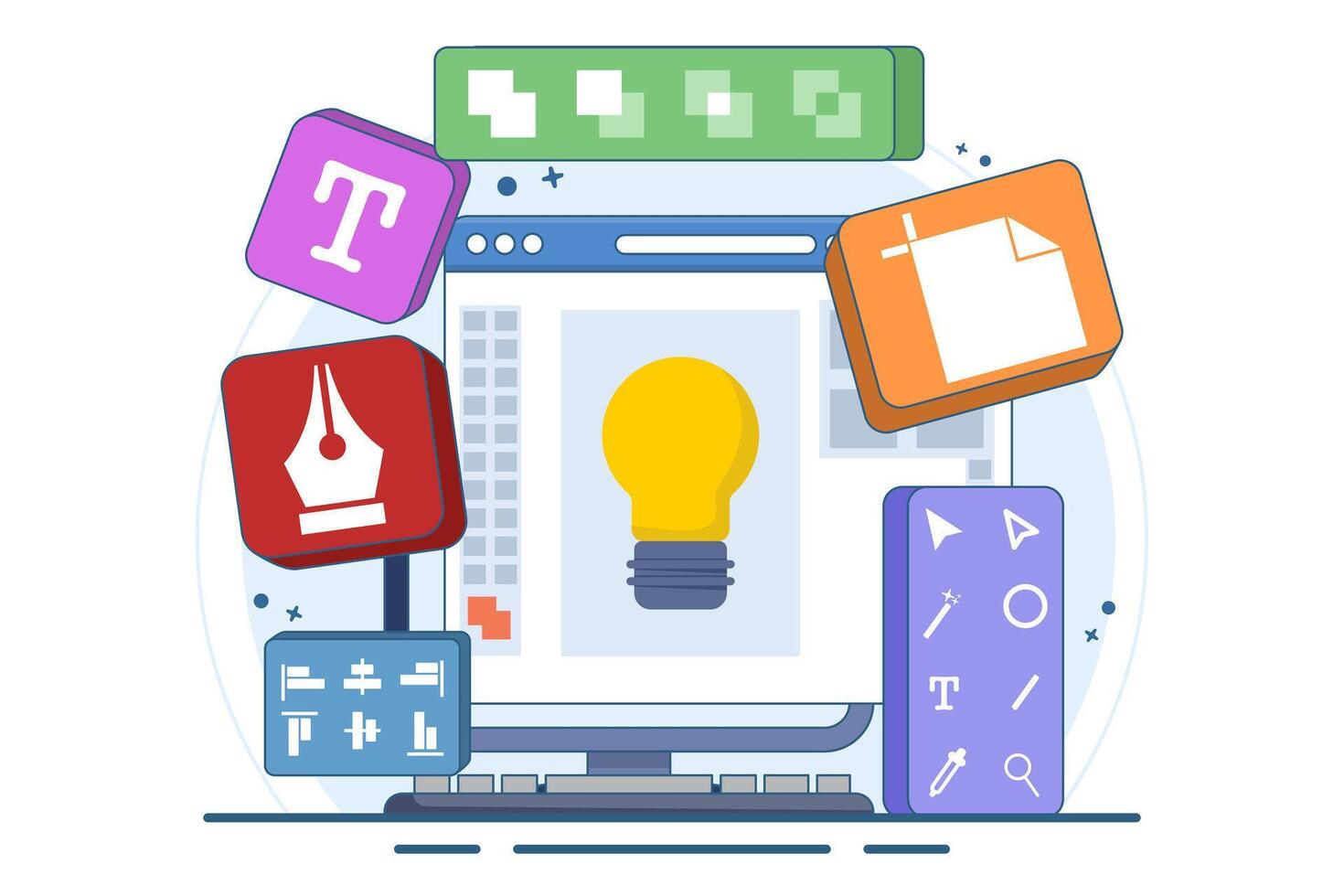 Graphic design software application concept on laptop or computer screen, flat illustration, template, design tools, symbols, icons and elements on screen, creator at work, graphic designer. vector