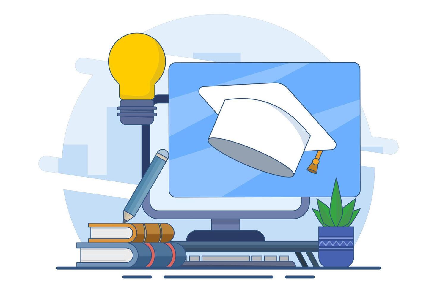 Online education concept. e-learning, internet courses, applied learning, university studies, classroom, tutorials, library on computer. Flat illustration on background. vector