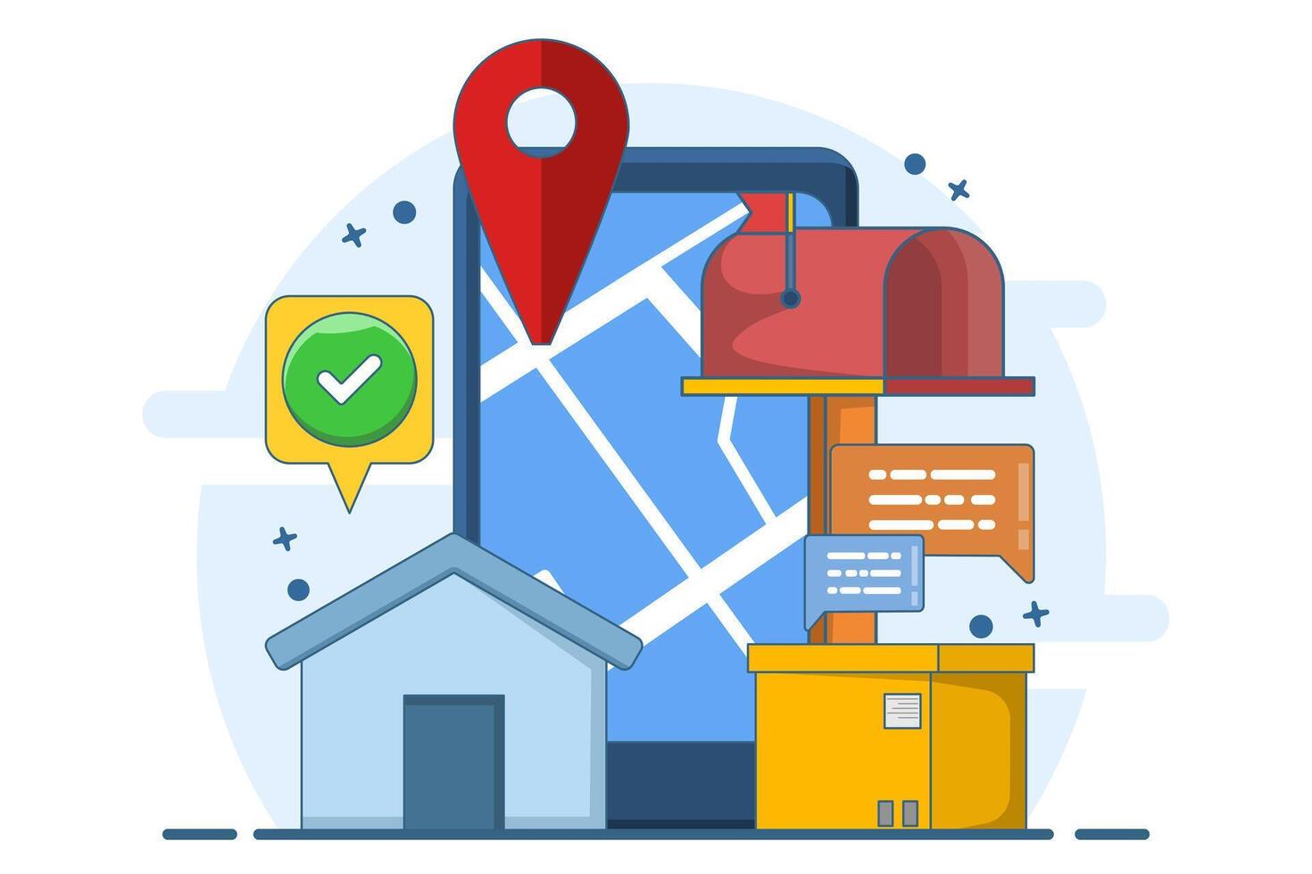Global logistics concept, fast and accurate cargo delivery. Online delivery courier service, mobile application for tracking shipments on smartphone. Flat illustration. vector