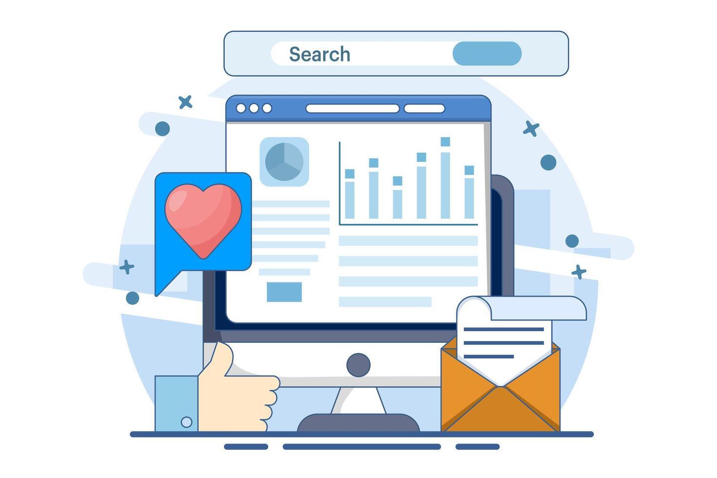 Business data analysis software concept, Analytical applications that extract data from search engines and social media marketing campaigns, Competitive analysis, data charts, graphs and dashboards. vector
