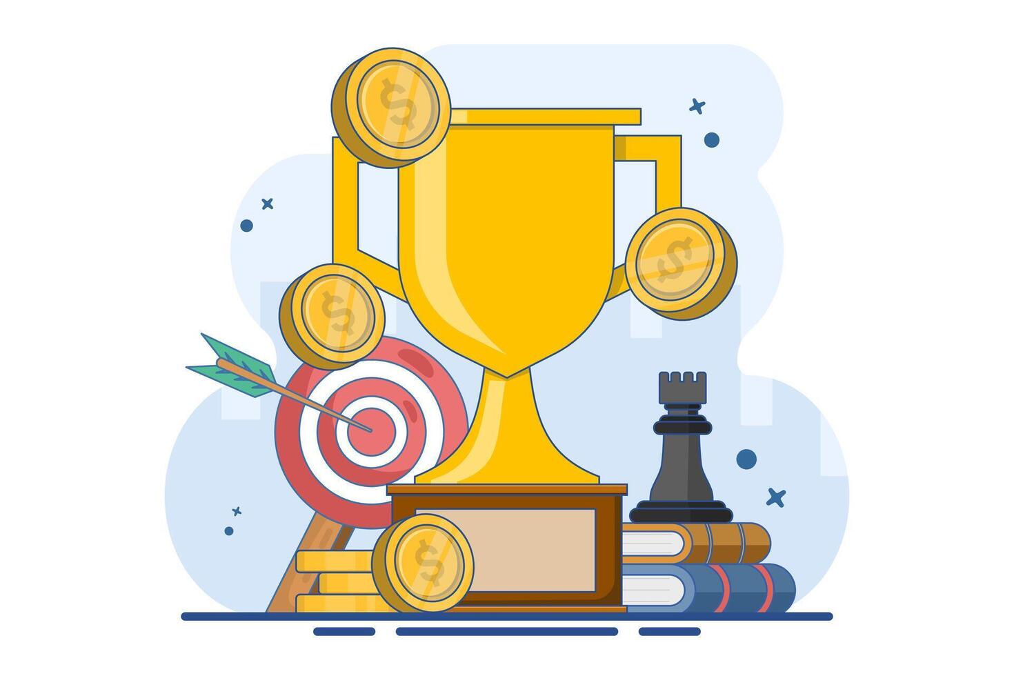 Business and marketing strategy concept, strategic planning and tactics in business, strategic thinking, financial analysis, achieving financial goals, trophies, awards and prizes. Illustration. vector