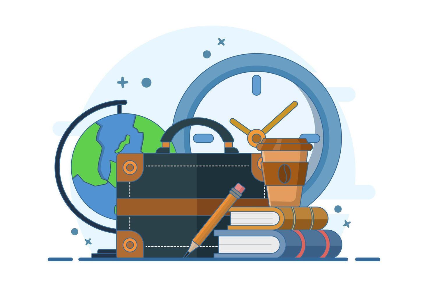 back to work concept, bag and books, office, businessman, education, back to work after break or leave. banner template, web, landing page. vector