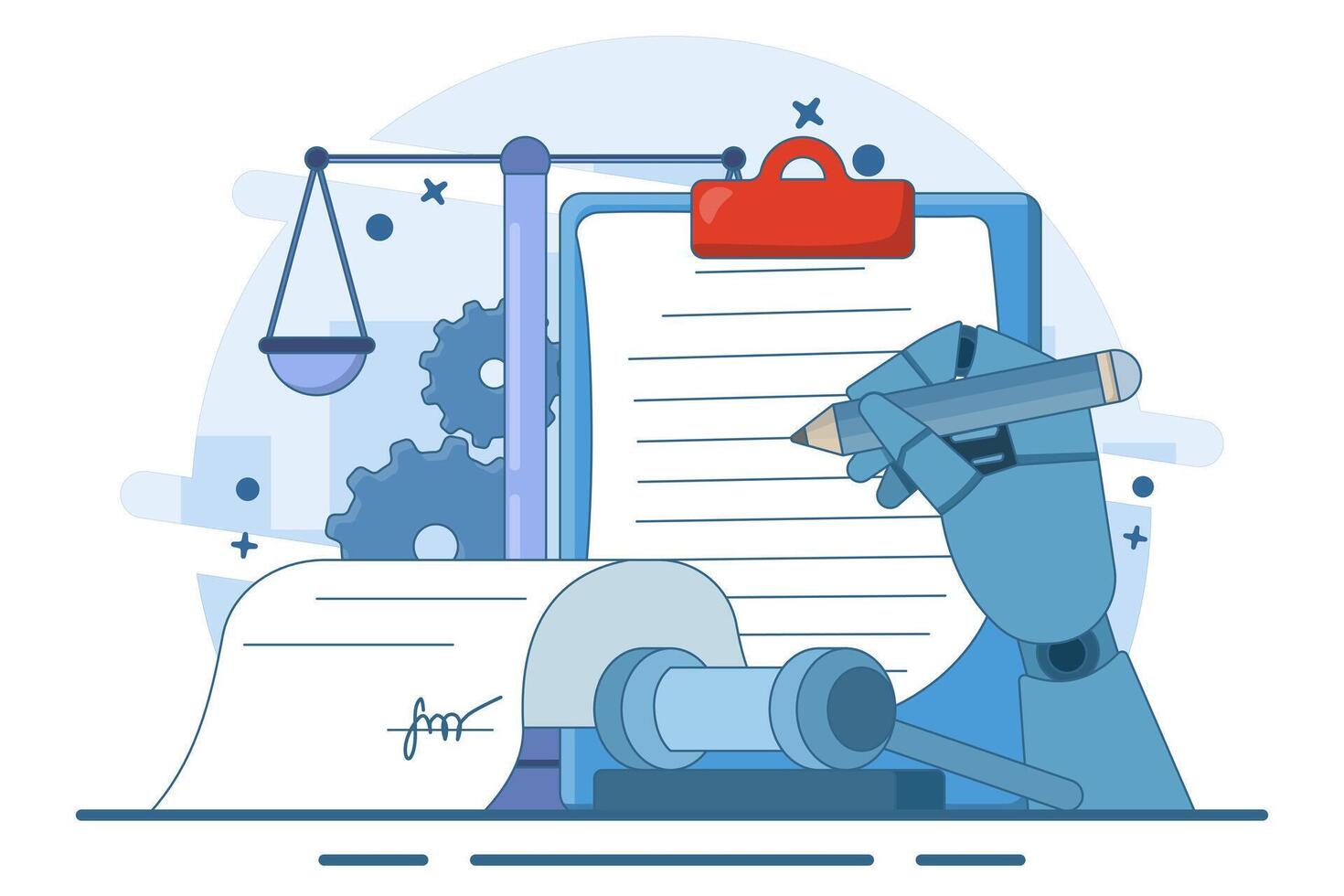 Concept of signing legal documents, electronic contracts or online agreements. Reading and signing the terms and conditions of the contract. To-do list. Flat illustration on background. vector
