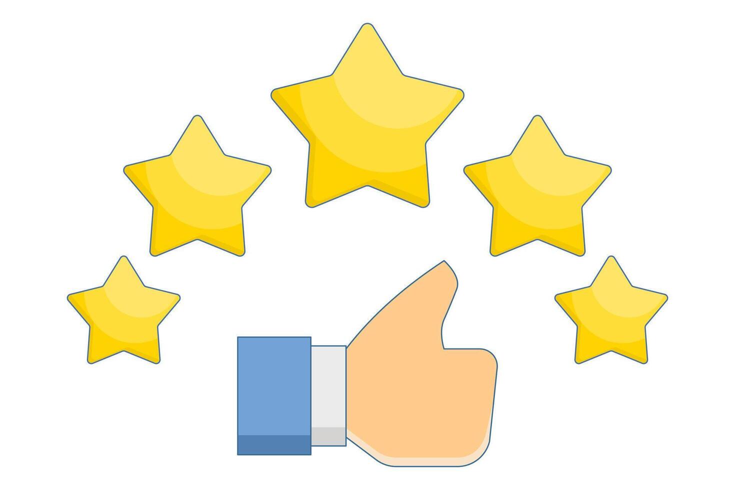Customer review concept with five stars. Customer review rating with 5 stars and thumbs up. Flat illustration with icons on the background. vector