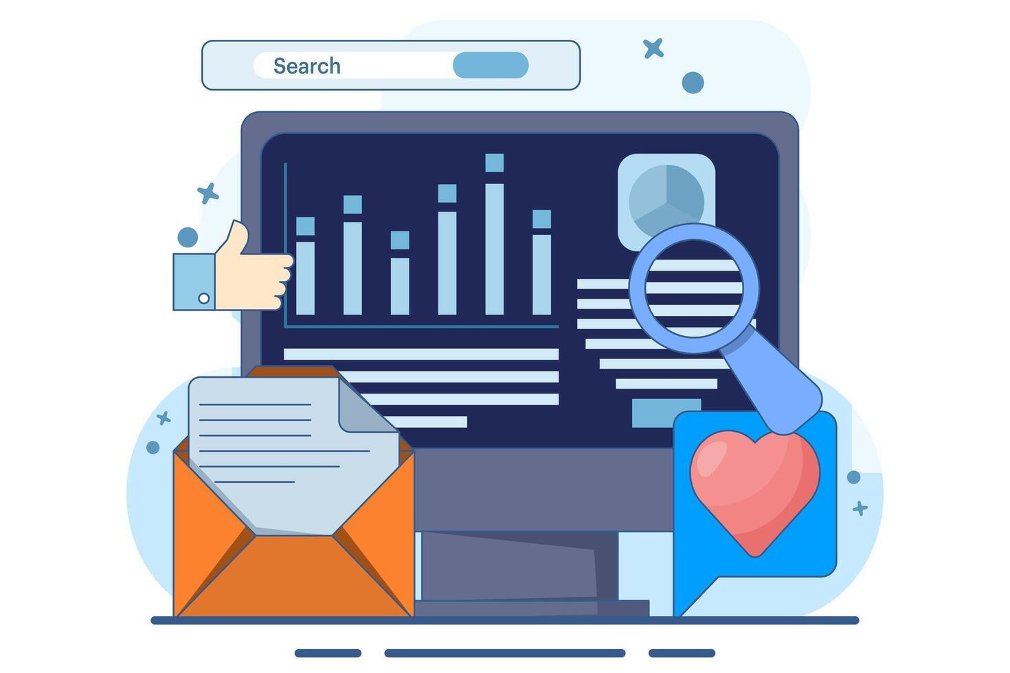 Business data analysis software concept, Analytical applications that extract data from search engines and social media marketing campaigns, Competitive analysis, data charts, graphs and dashboards. vector
