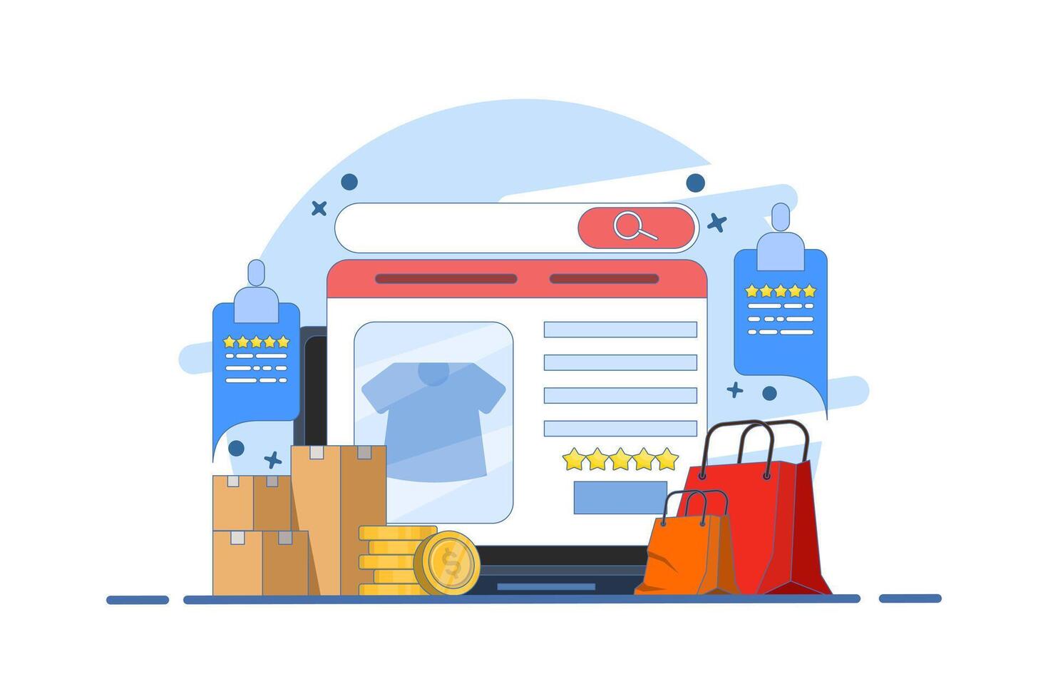 E-commerce website platform concept, Browse shopping from e-commerce website, Digital marketplace, Secure payment, Customer product rating. vector