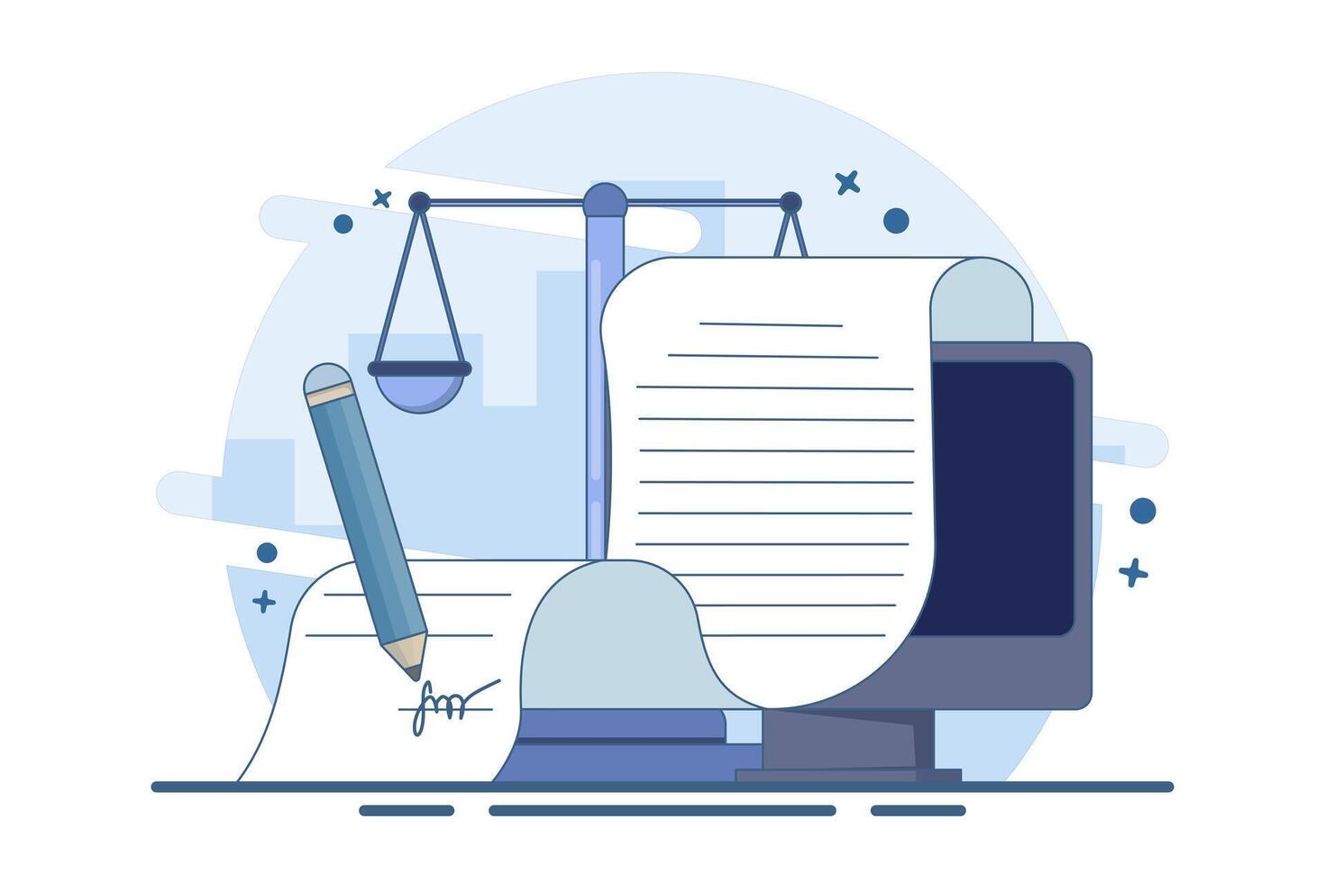 Concept of signing legal documents, electronic contracts or online agreements. Reading and signing the terms and conditions of the contract. To-do list. Flat illustration on background. vector