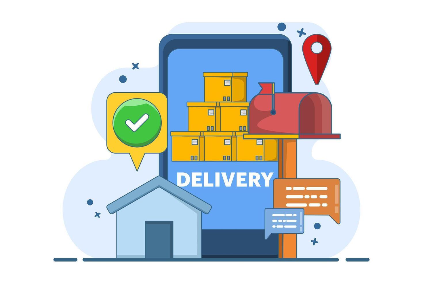 Global logistics concept, fast and accurate cargo delivery. Online delivery courier service, mobile application for tracking shipments on a smartphone with ready-made packaging. vector