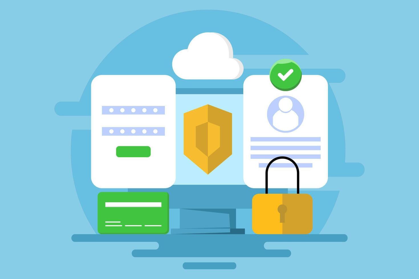 User personal data security system concept, Protecting data from cyber attacks, hacking, data breaches, Account access is protected with multi-layered security software, background illustration. vector