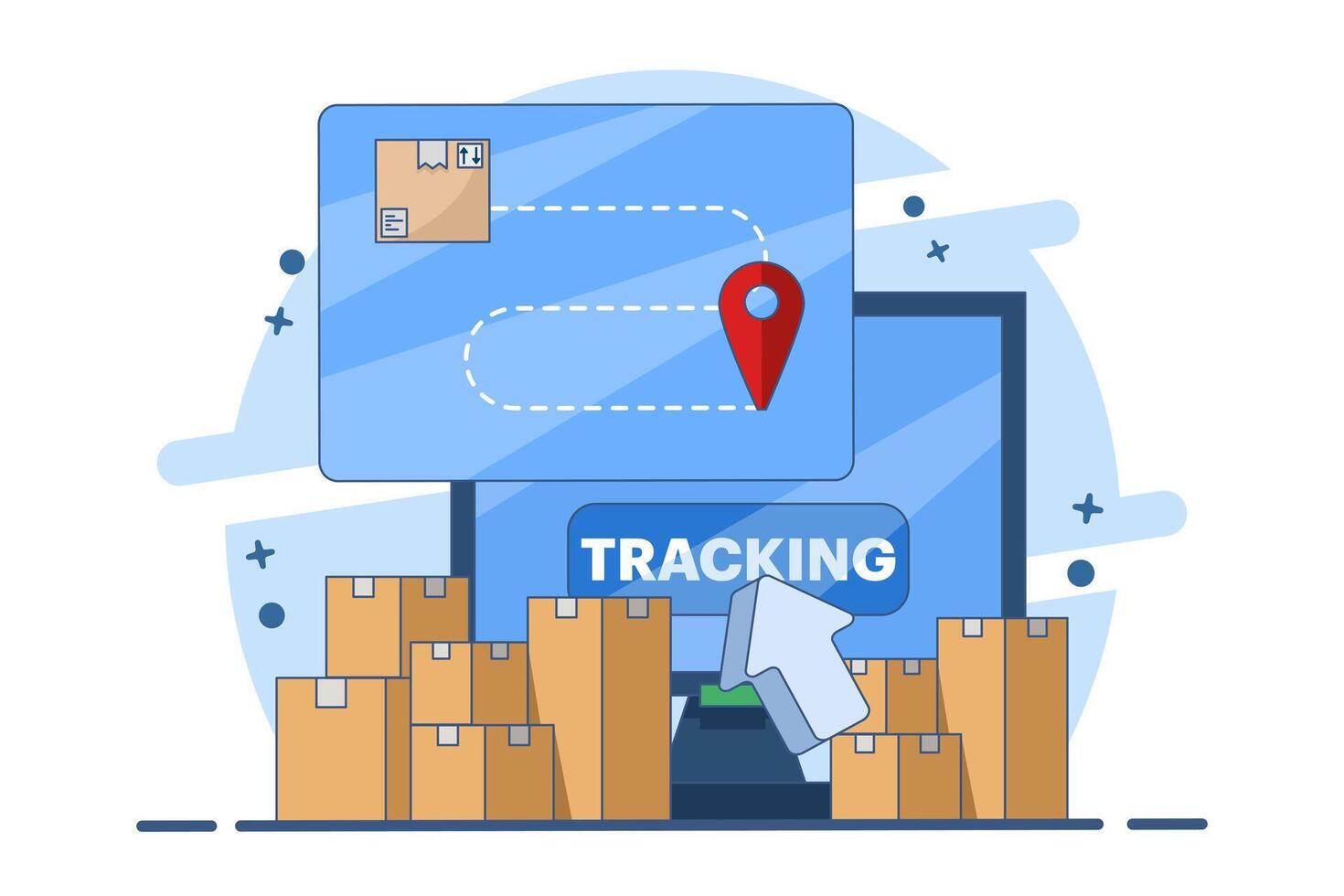 Cargo box logistics delivery tracking concept, parcel box location tracking, courier destination. Order delivery route tracking. Make sure the goods are delivered without any problems. vector