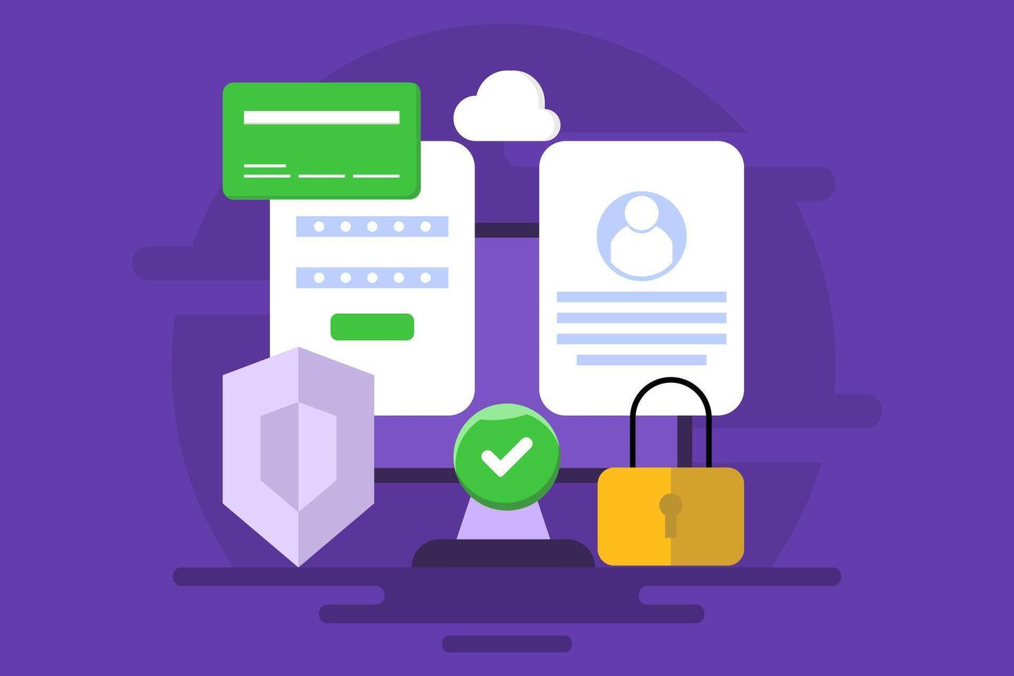 datos seguridad sistema concepto, cuenta acceso es protegido con multicapa seguridad software, proteger datos desde ciber ataques, hackear, datos infracciones, antecedentes ilustración. vector