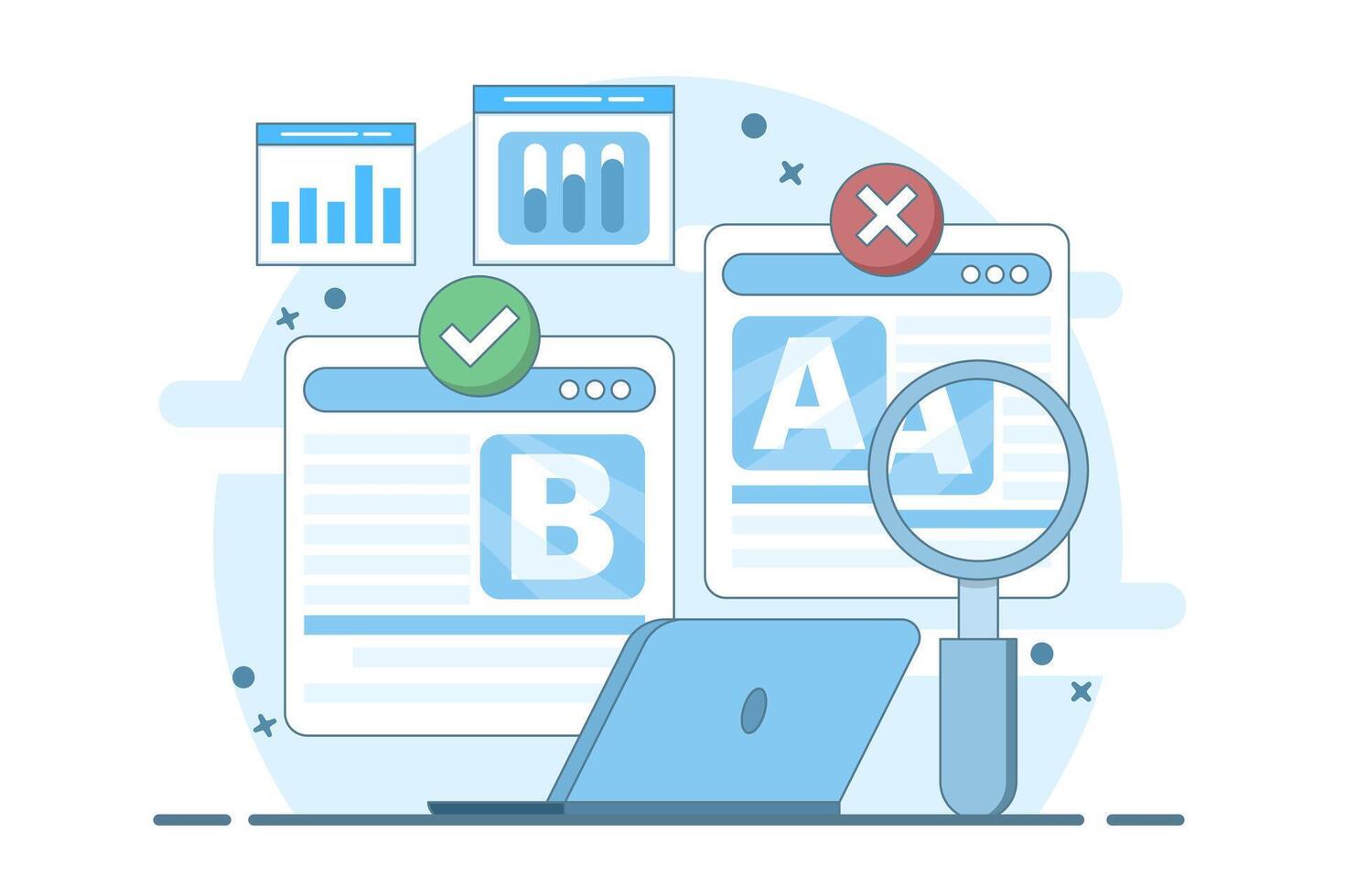 A and B testing concept, AB testing of website landing pages, AB testing of social media ads, AB testing analysis. vector