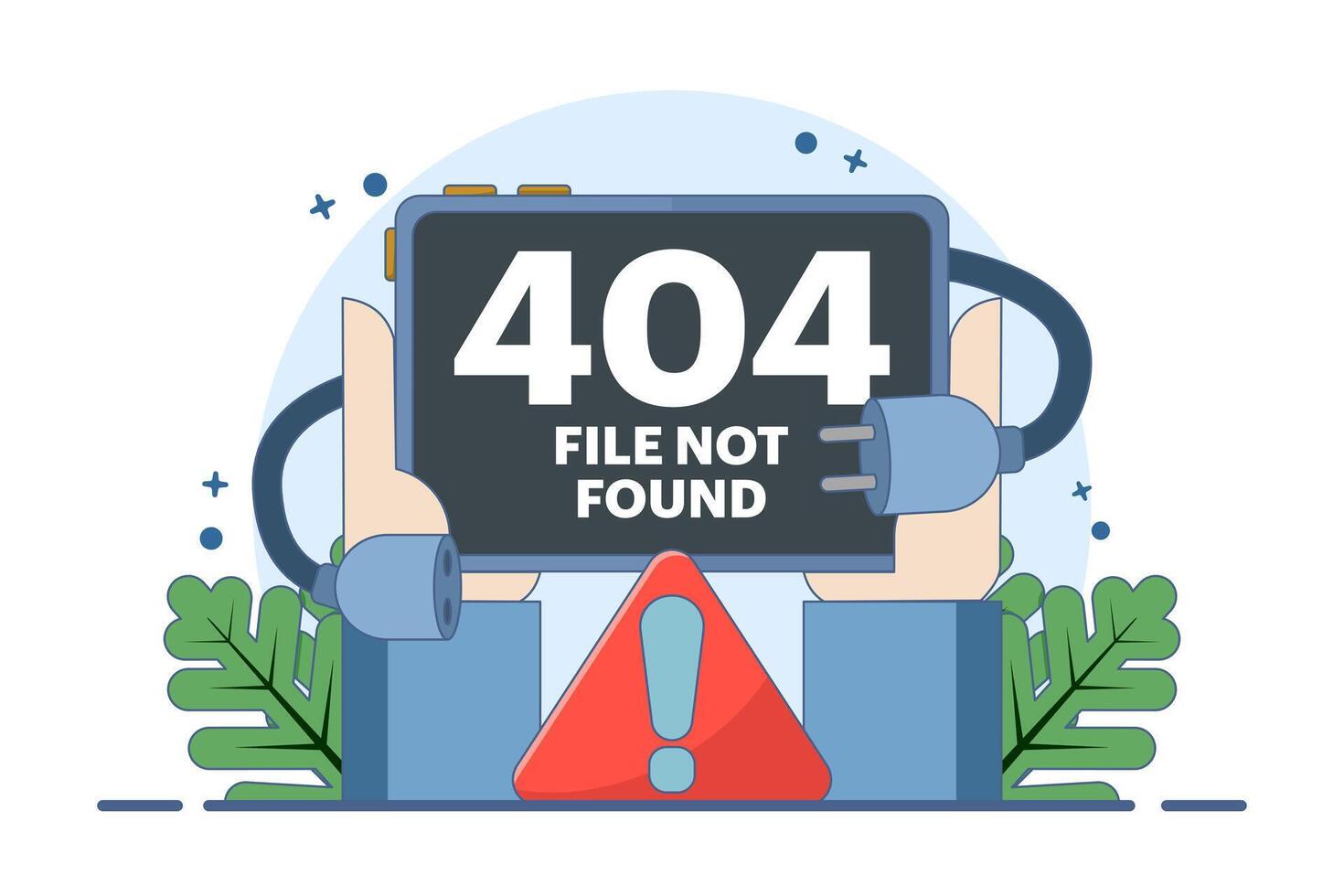 Concept of 404 error, System error, Broken page, Cable and socket, Page not found. Unplug system error. Flat illustration on background. vector