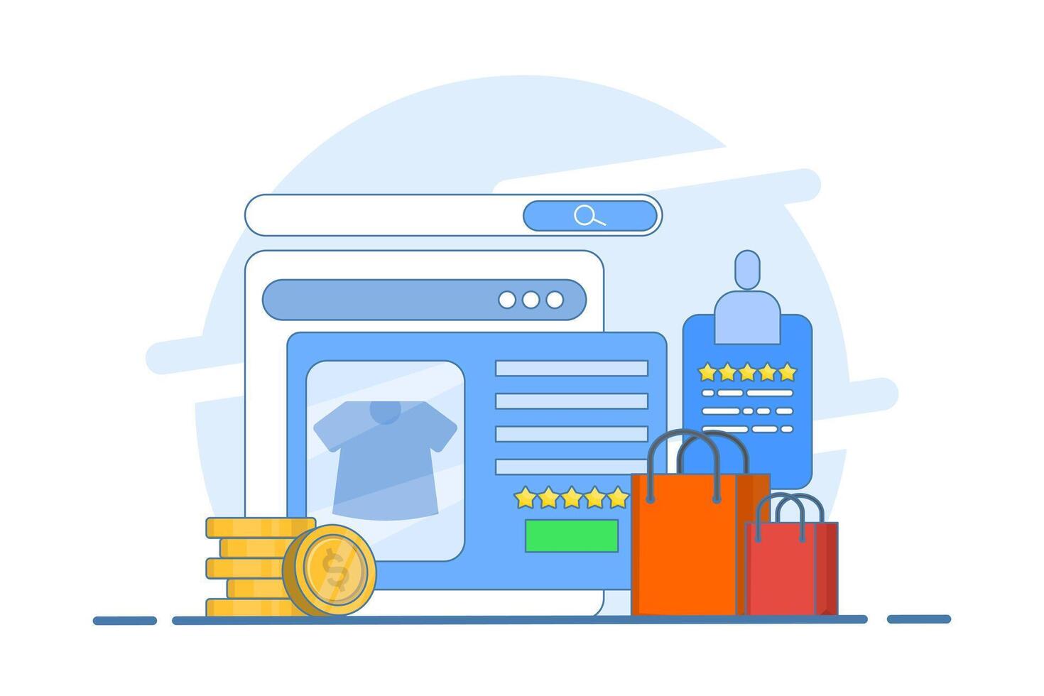 E-commerce website platform concept, Browse shopping from e-commerce website, Digital marketplace, Secure payment, Customer product rating, illustration with background. vector