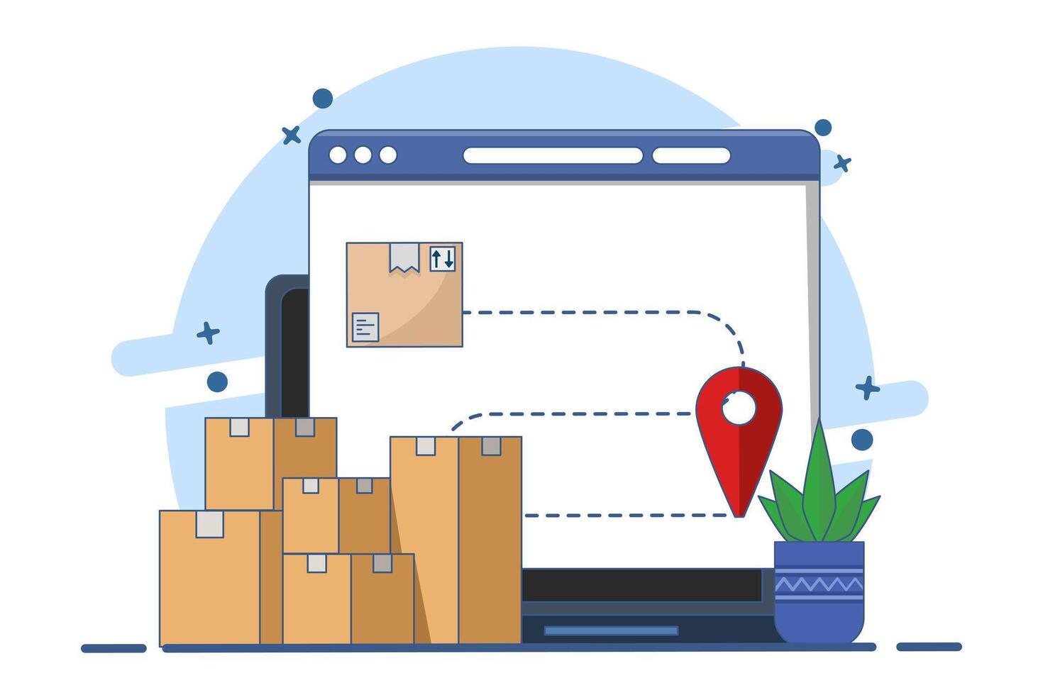 Concept of cargo box logistics delivery tracking, tracking order delivery route. Parcel box location tracking, courier destination. Flat illustration on background. vector