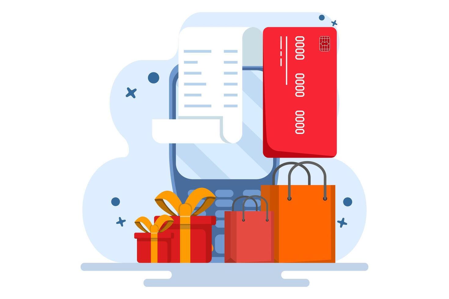 Contactless payment technology concept, Wireless mobile payment with debit card, Shopping invoice, Payment machine, Debit payment card. Flat illustration. vector