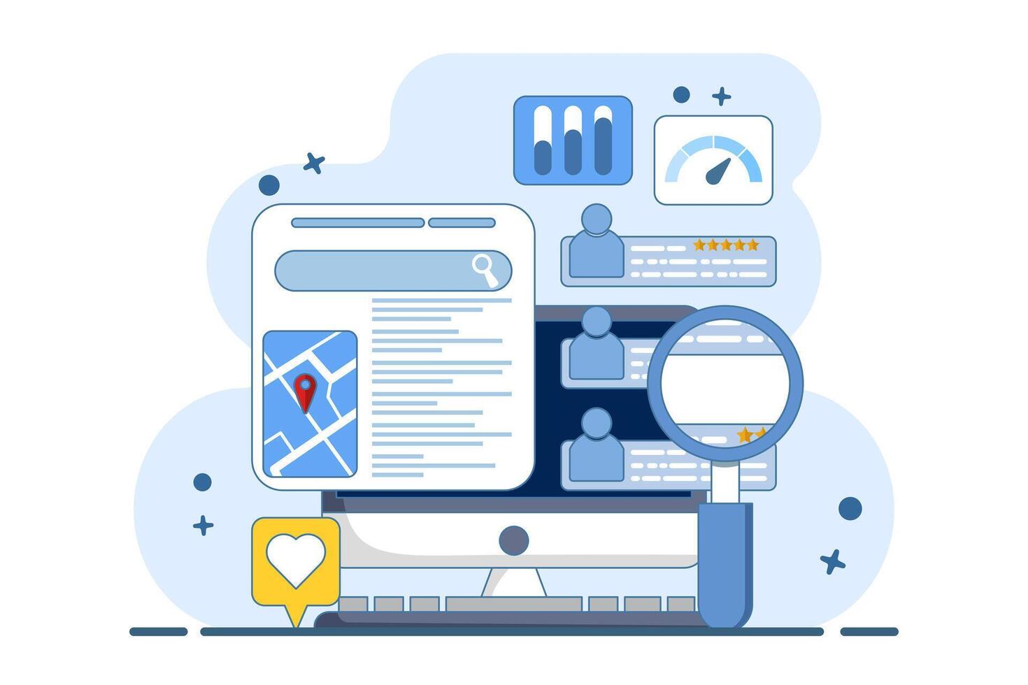 SEO map optimization concept, Business appears on search engine results page with location and customer ranking, Business listing on search engine. flat illustration. vector