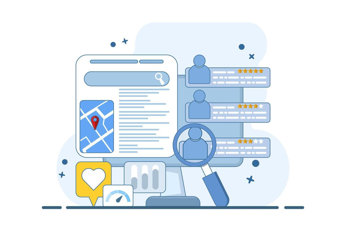 SEO map optimization concept, Business appears on search engine result pages with location and customer ratings, Business listing on search engines. vector