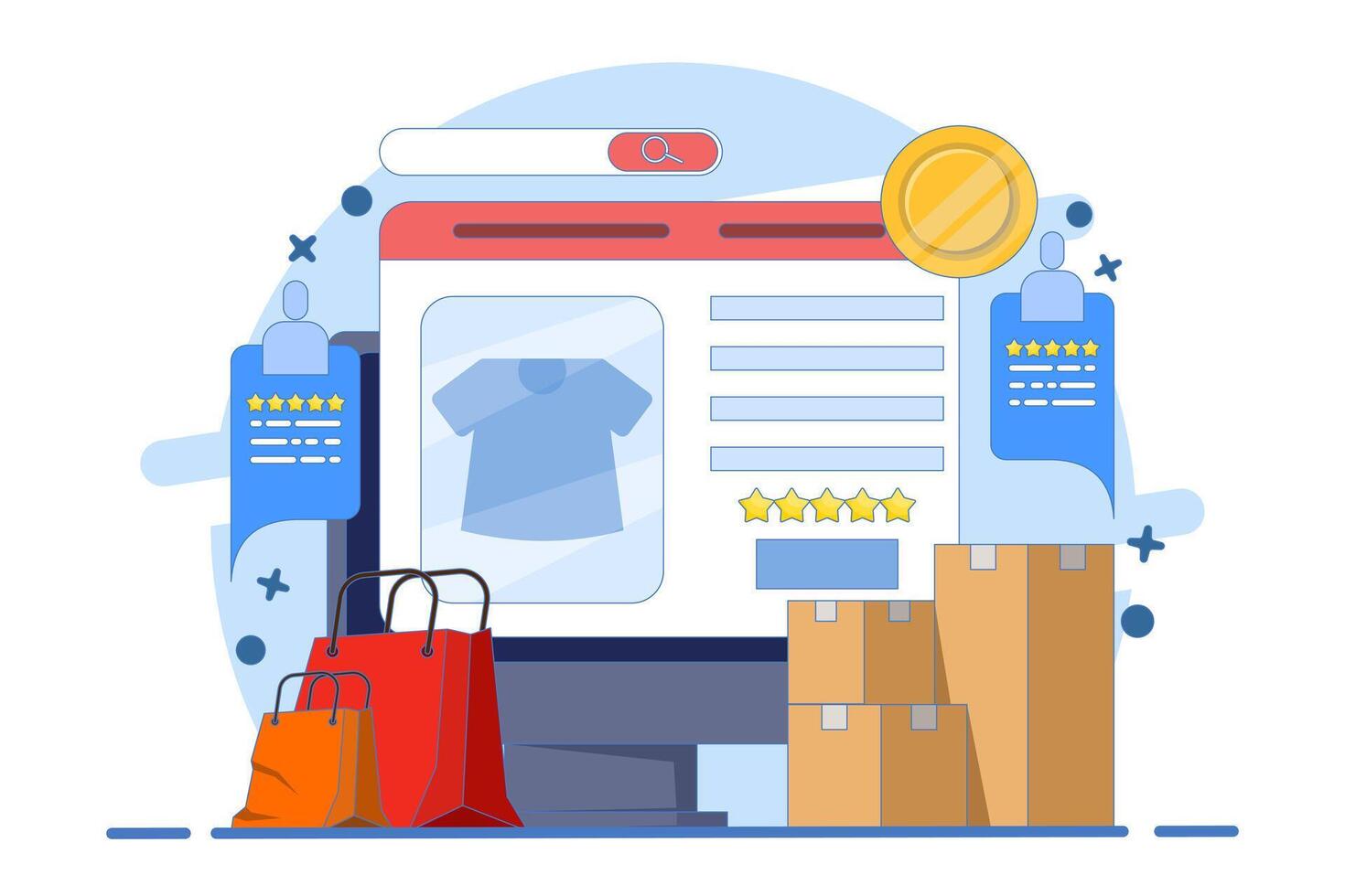 E-commerce website platform concept, Browse shopping from e-commerce website, Digital marketplace, Secure payment, Customer product rating, flat illustration on background. vector
