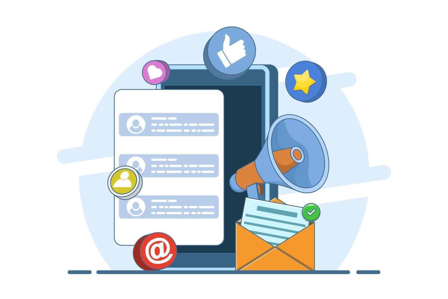 email marketing concept, email marketing with newsletter, online business strategy, advertising, email newsletter, messages, marketing materials, online business offers. flat illustration. vector