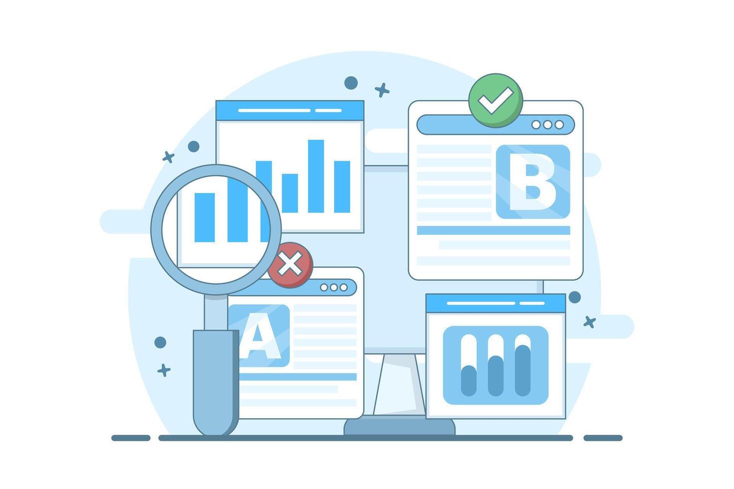 Concept of testing website A and website B, AB testing on website landing page, AB testing on social media ads, AB testing analysis. flat illustration on background. vector