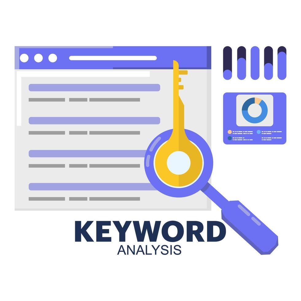 Keyword analysis report concept, the right keywords for the first position. SEO keywords dominate the search engine results page. The most searched keywords ranking. vector