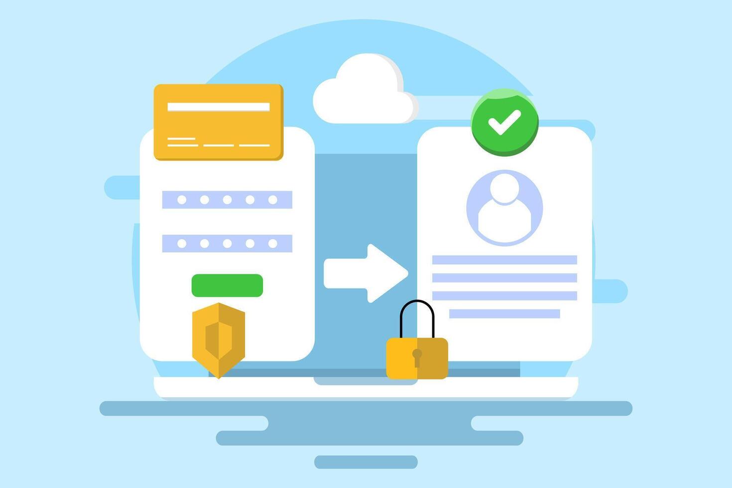 Data security system concept, Protecting data from cyber attacks, hacking, data breaches, Account access is protected with multi-layered security software, background illustration with icons. vector