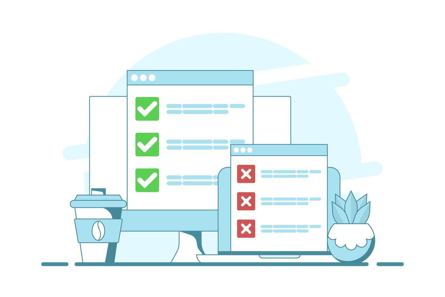 Checklist concept. Checklist and check marks on screen. Computer with check marks and crosses. Online testing. Computer with checklist, check marks and options in browser window, Flat illustration. vector