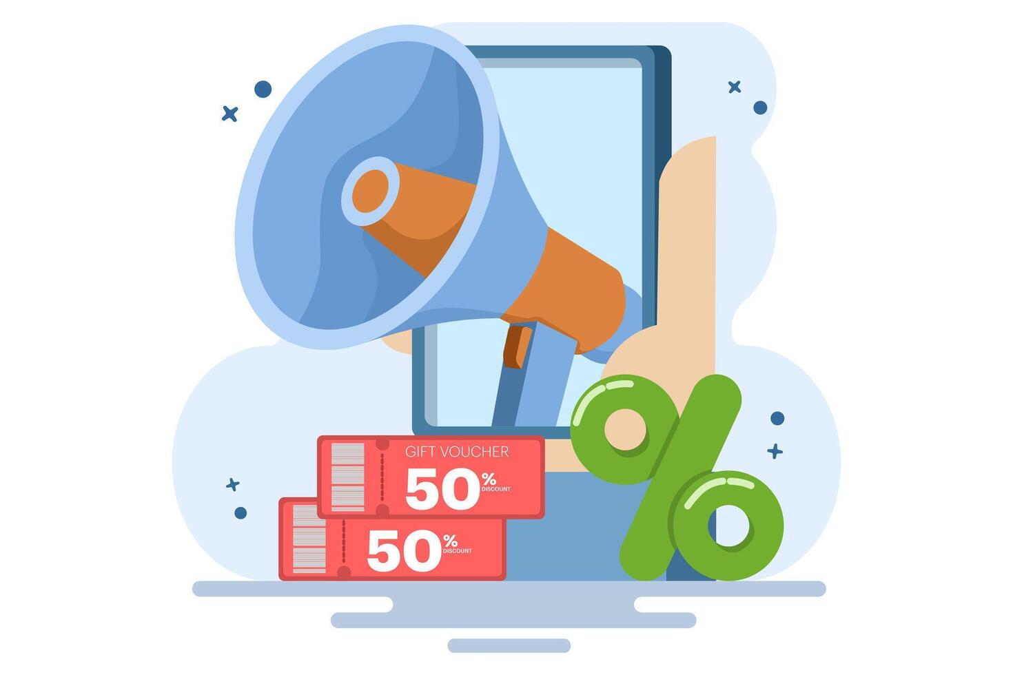 The concept of using loudspeakers to communicate with customers about discounts and sales. Social media promotions and advertising. Flat illustration. vector