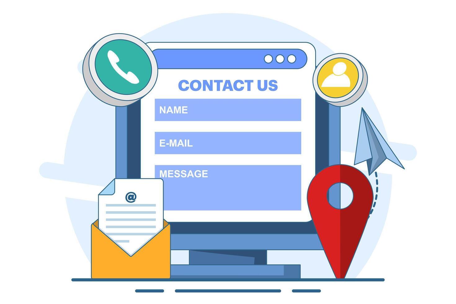 Contact Us form concept on laptop screen Customer Support, customer service, online support, help. for web banner, mobile app, landing page, business presentation, website banner. vector