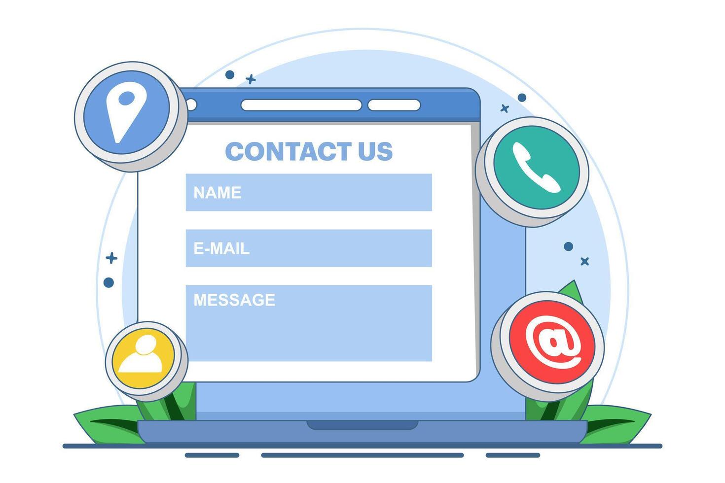 Contact Us form concept on laptop screen Customer Support, customer service, online support, help. for web banner, mobile app, landing page, business presentation, website banner, flat illustration. vector