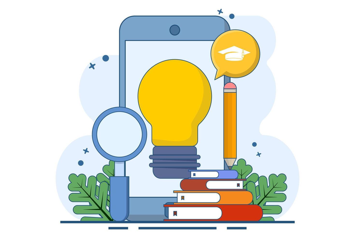 E-learning concept, Online education, digital library, e-book, classroom, online course tutorials and apps, university studies and back to school. Flat illustration on background. vector