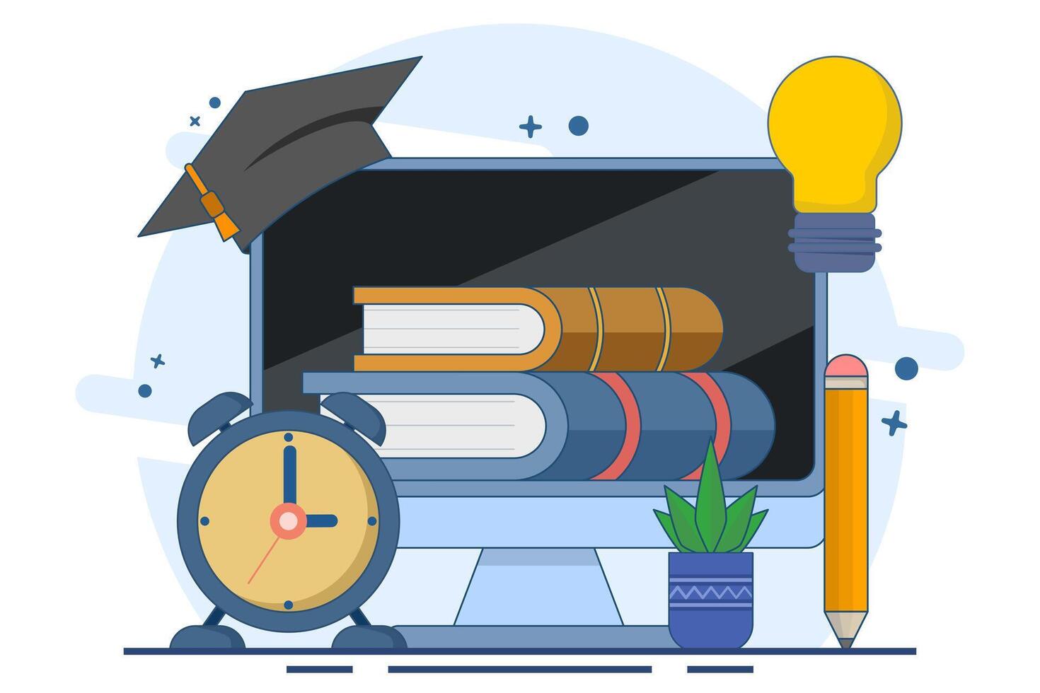 E-learning concept, Online education, online course tutorials and apps, digital library, university studies and e-books back to school, classroom. Flat illustration on background. vector
