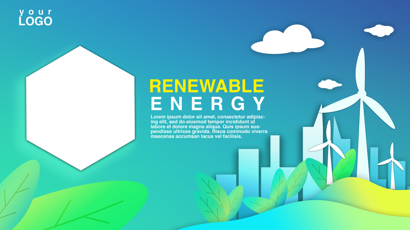 4K banner showcases a vibrant concept of renewable energy, featuring a prominent wind turbine standing tall amidst a backdrop of sleek skyscrapers psd