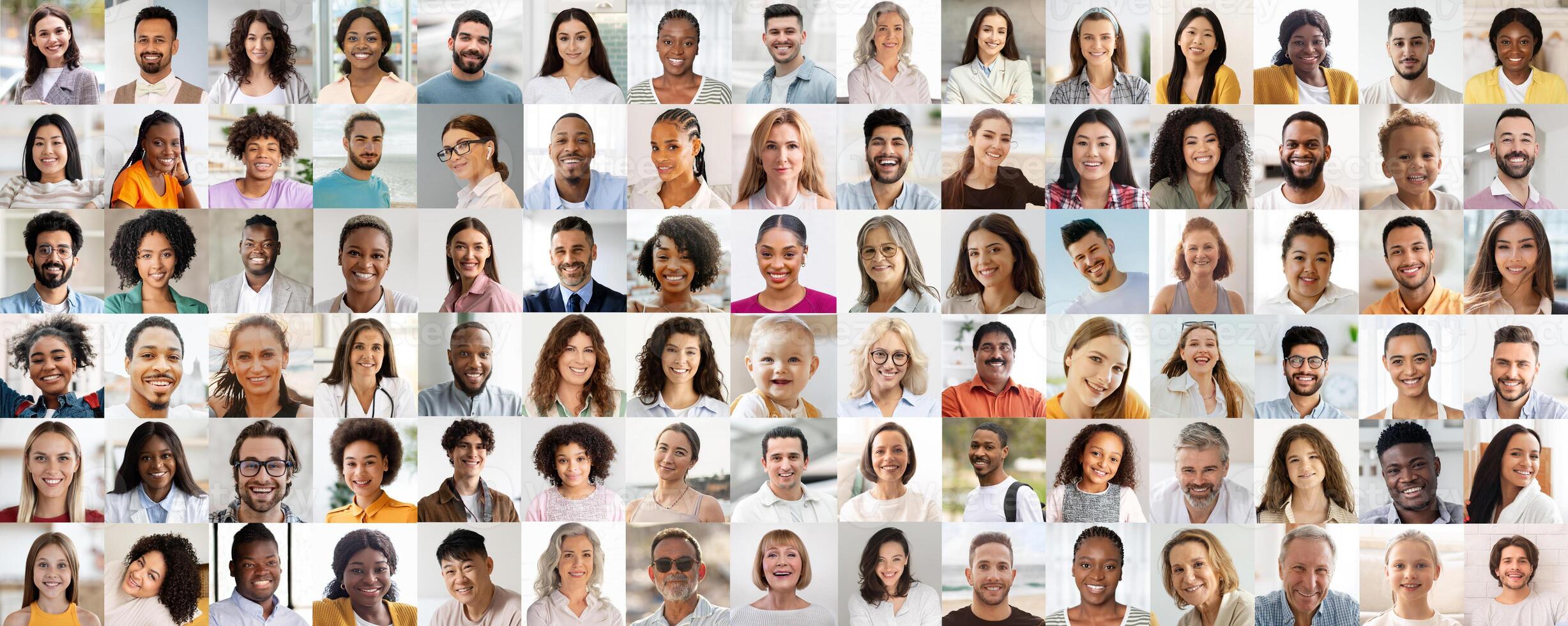 This diverse collage offers a snapshot of the world, displaying cheerful multiethnic faces, symbolizing unity and joy photo