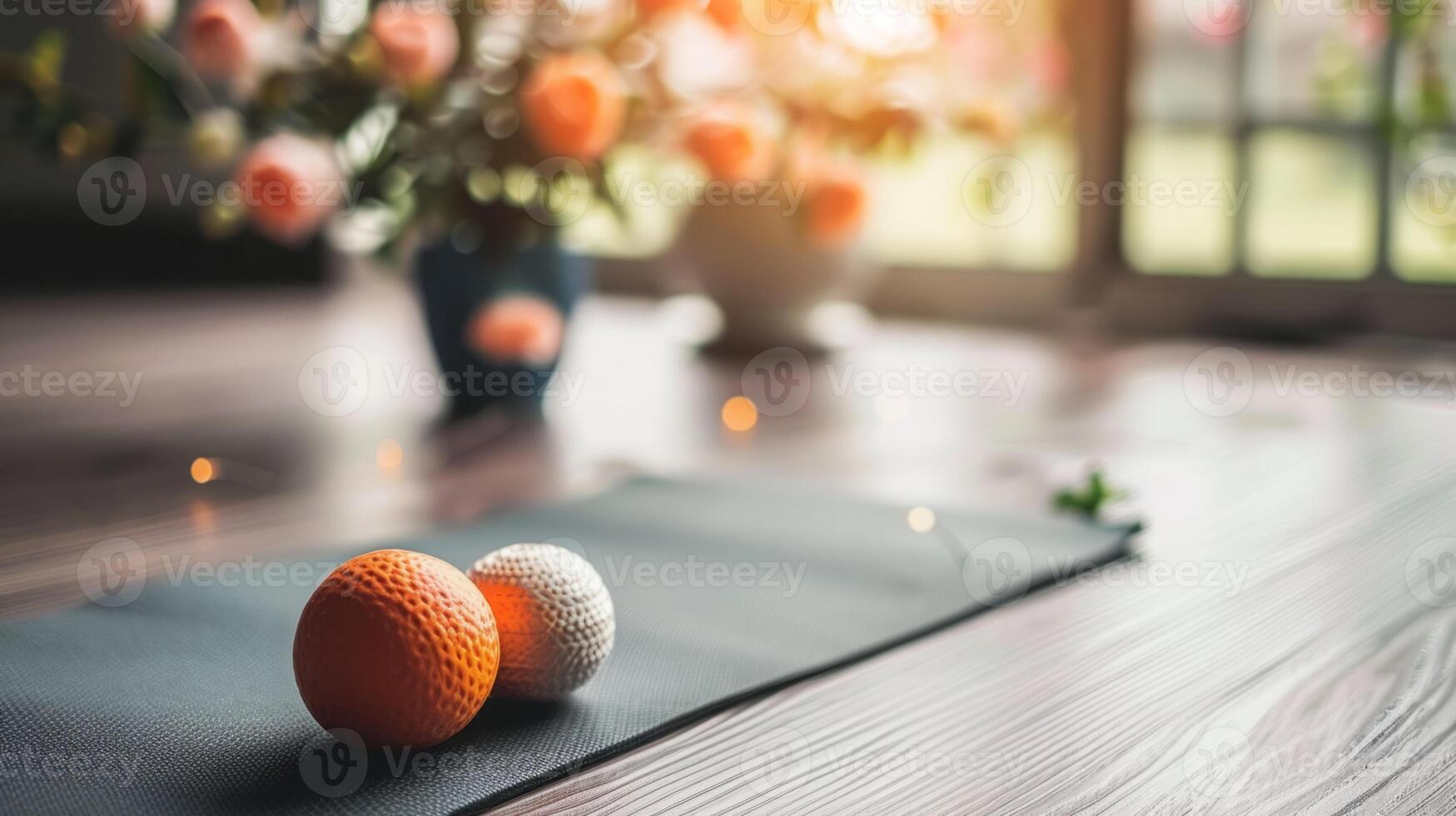 Two golf balls, one orange and one white, lie on a black yoga mat on a wood floor. A vase of flowers is out of focus in the background. photo