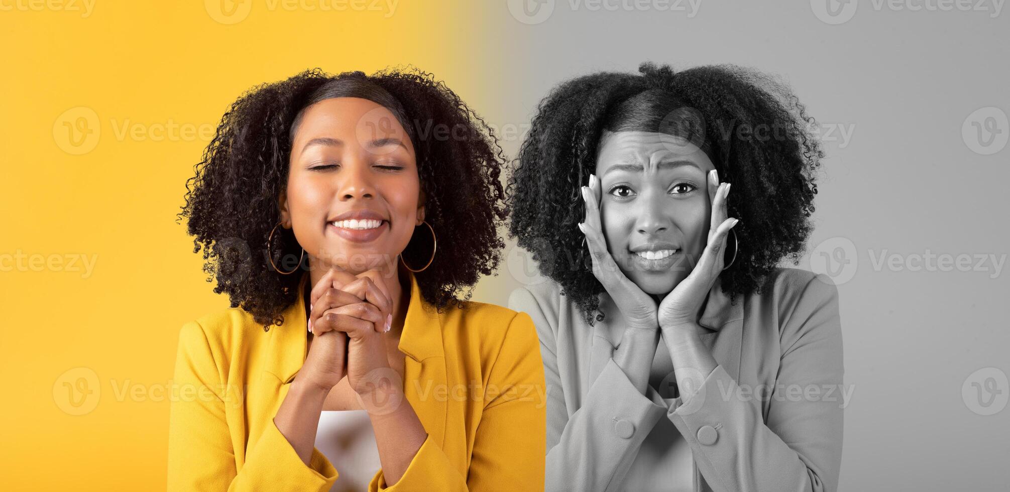 Duo image of African American woman posing on background, showing different emotions, hope and fear photo