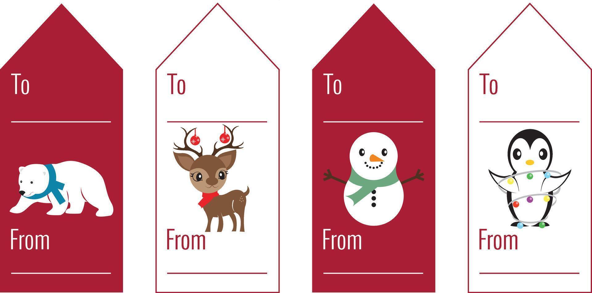Printable Christmas gift tags and label set .To and from design with cute Christmas characters Reindeer, snowman, polar bear and penguin. Christmas design for presents. vector