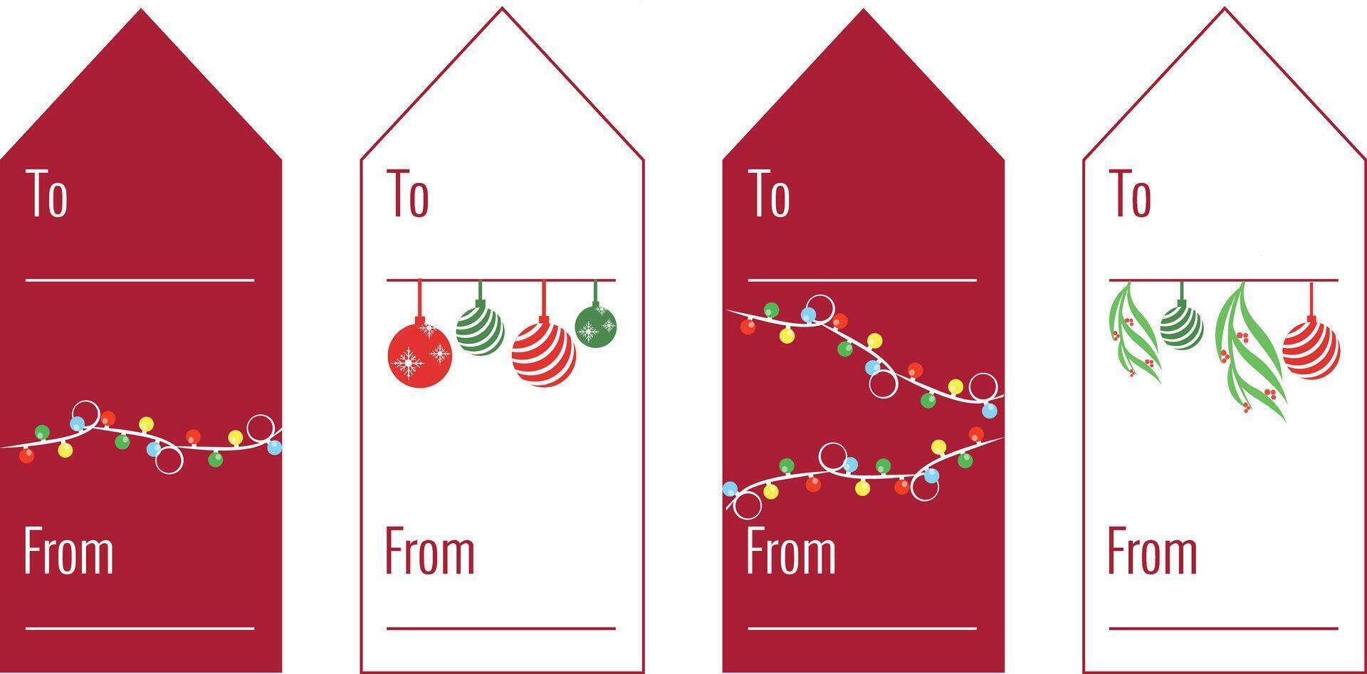 Christmas gift tags set. Labels with Christmas baubles and lights. To and From printable Christmas design for presents. vector