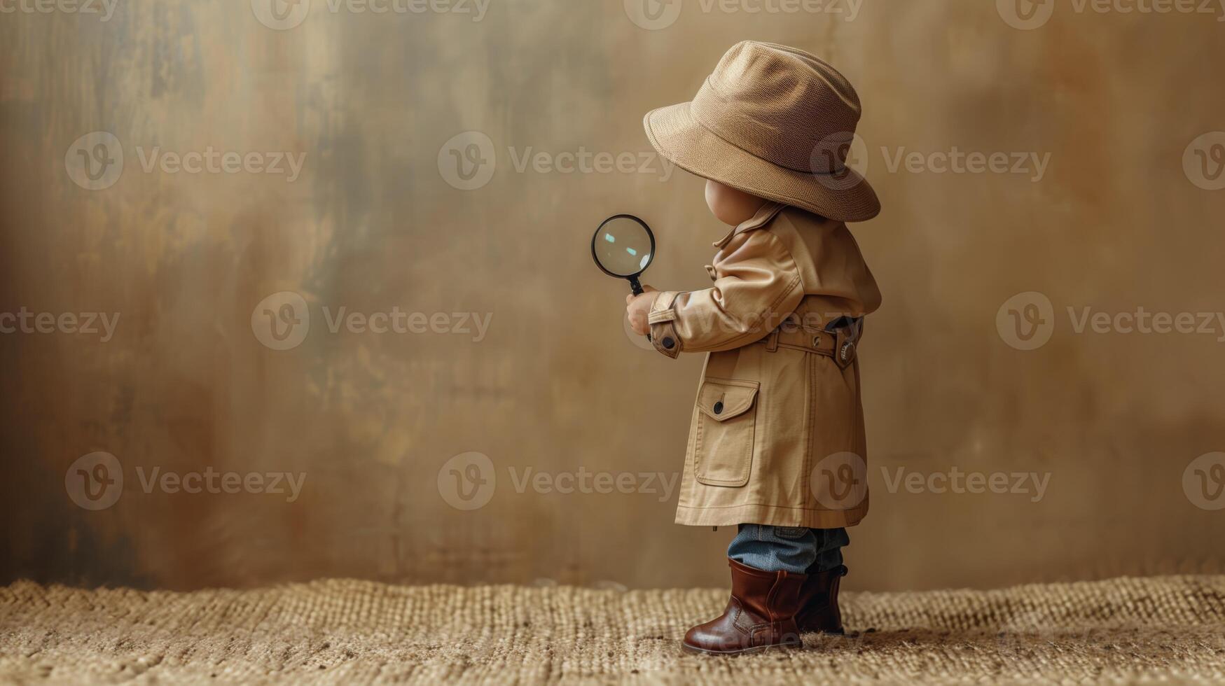 A young child dressed as a detective holds a magnifying glass and looks intently at something out of frame. photo