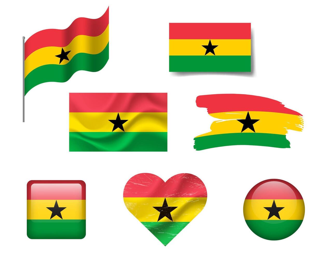Ghana flag set of icons. flag of Ghana, symbol. Set of Ghana flags button, brush, waved, heart. vector