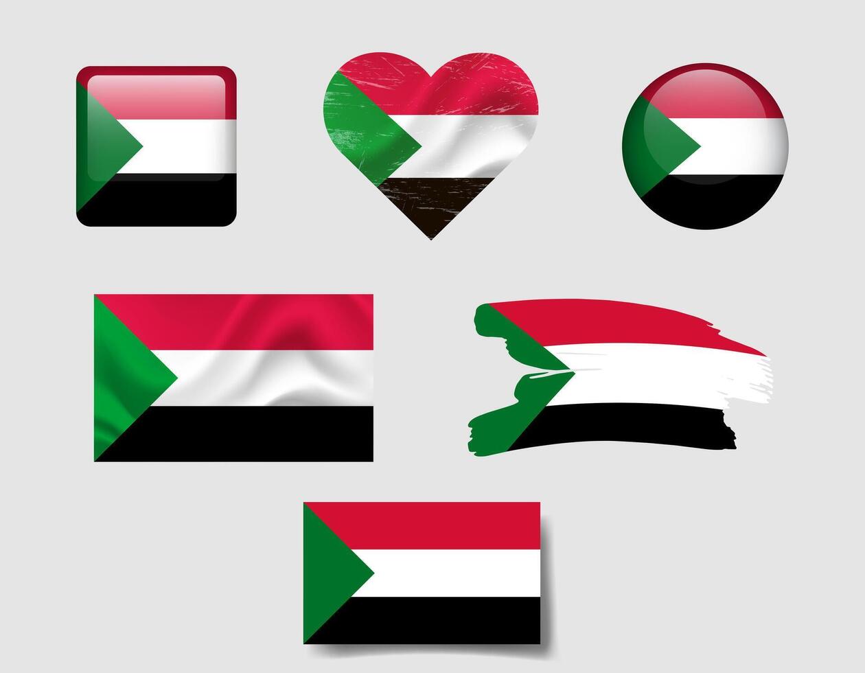 Sudan flag set of icons. flag of Sudan, symbol. Set of Sudan flags button, waved, heart. vector