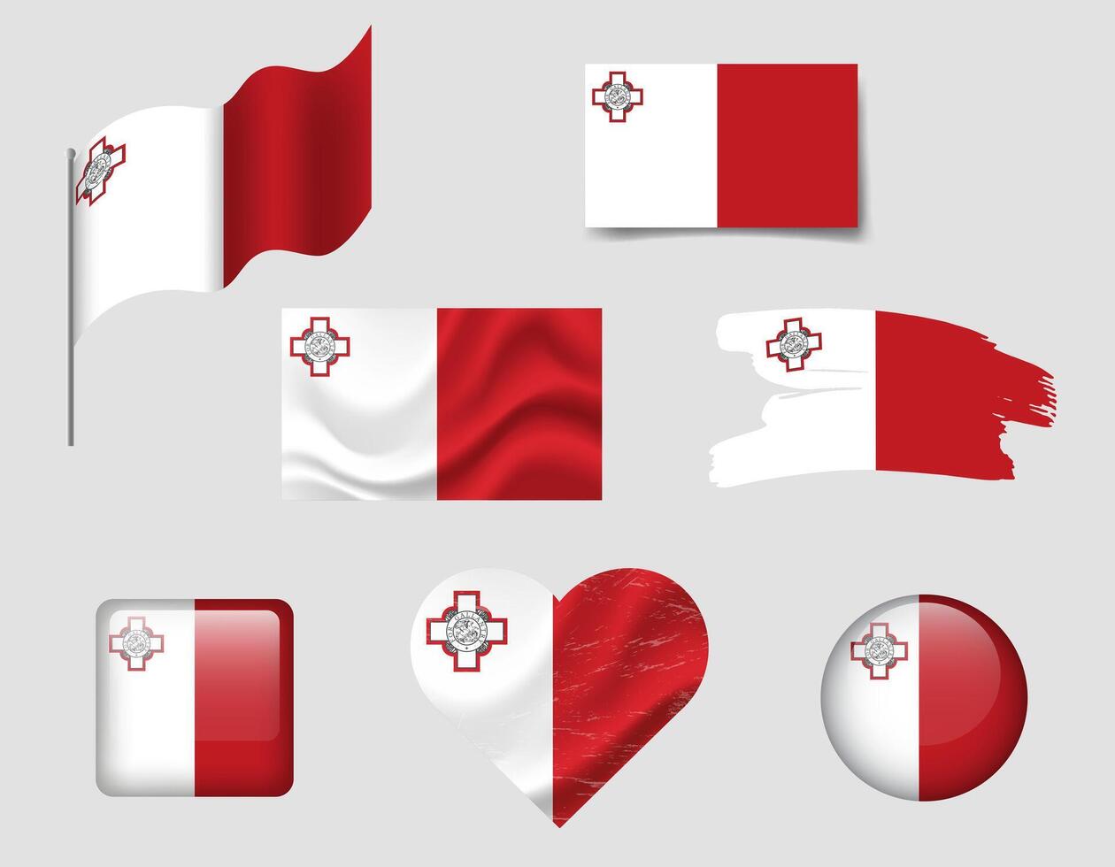 Malta flag set of icons. flag of Malta, symbol. Set of Maltese flags button, brush, waved, heart. vector