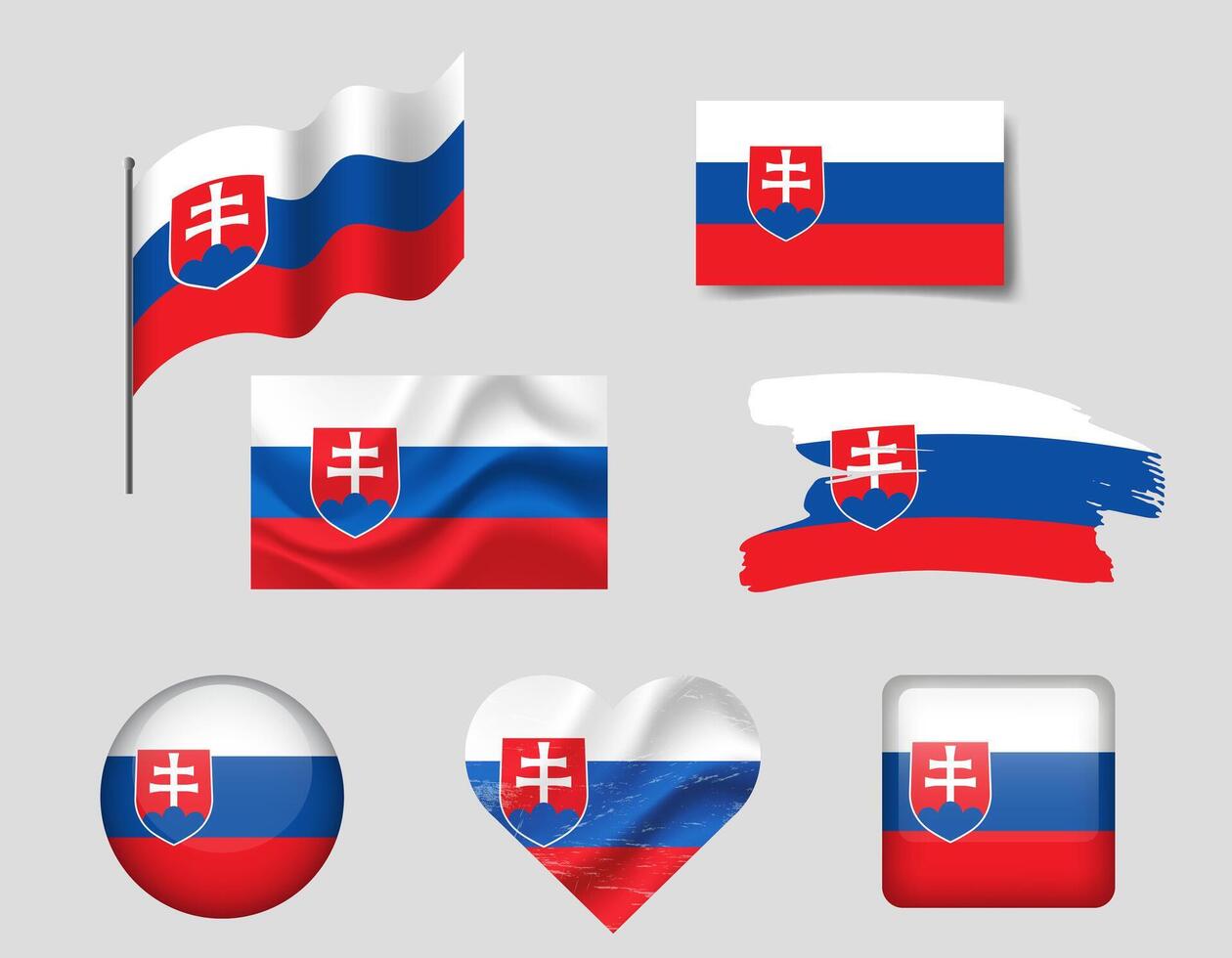 Slovakia flag - set of icons. flag of Slovakia, symbol. Set of Slovakian flags - button, waved, heart. vector
