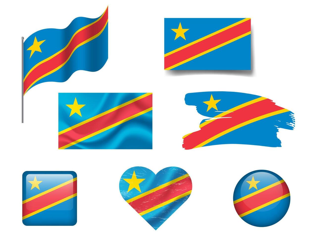 flag Democratic Republic Congo flag set of icons. flag of DRC, symbol. Set of Congo flags button, waved, heart. vector