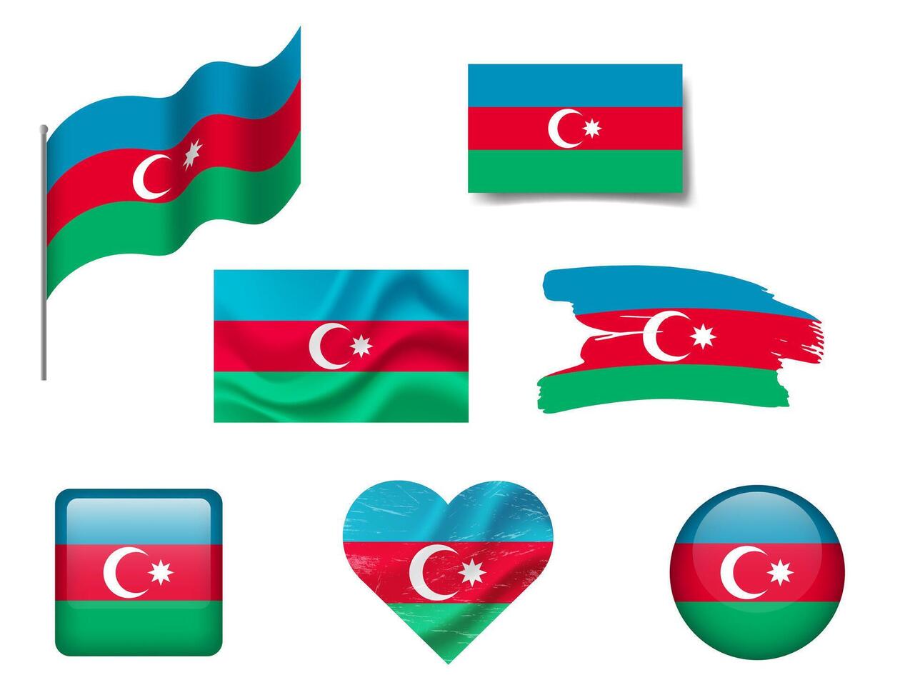 Azerbaijan flag set of icons. flag of Azerbaijan, symbol. Set of Azerbaijan flags button, brush, waved, heart. vector