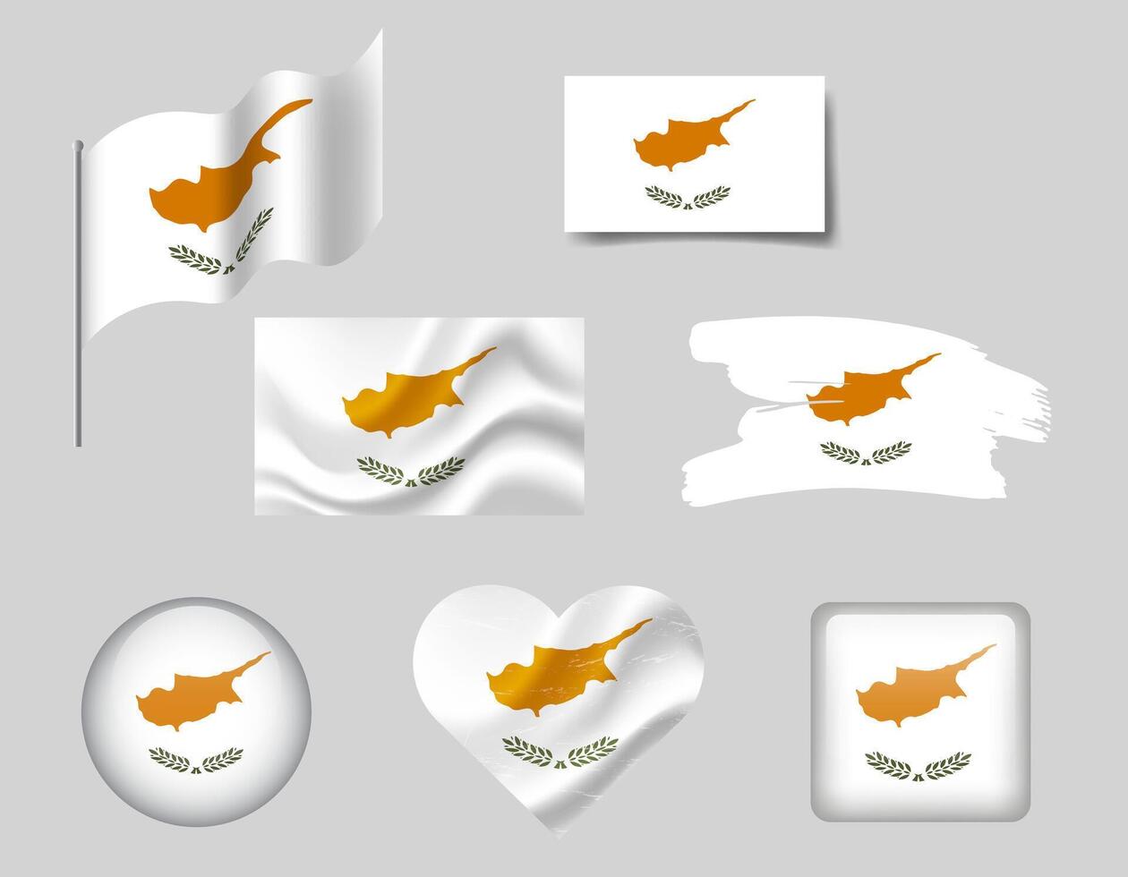 Cyprus flag - set of icons. flag of Cyprus, symbol. Set of Cyprus flags brush, button, waved, heart. vector